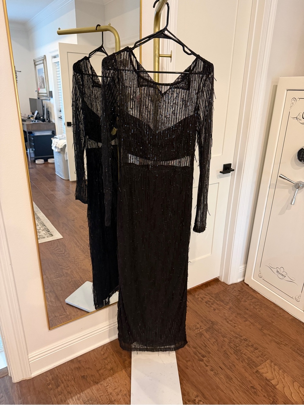 Lulu's Black Beaded Fringe Long-Sleeve Evening Dress